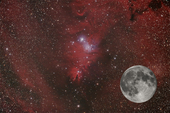The Moon Compared to the Christmas Tree Cluster/Cone Nebula